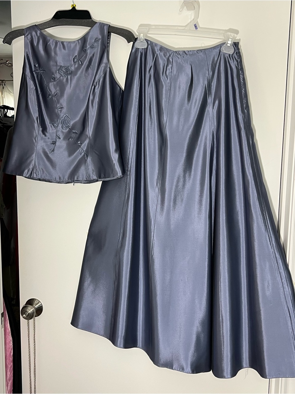 Satin A-Line Maxi Skirt and Sleeveless Top Set - Slate Blue